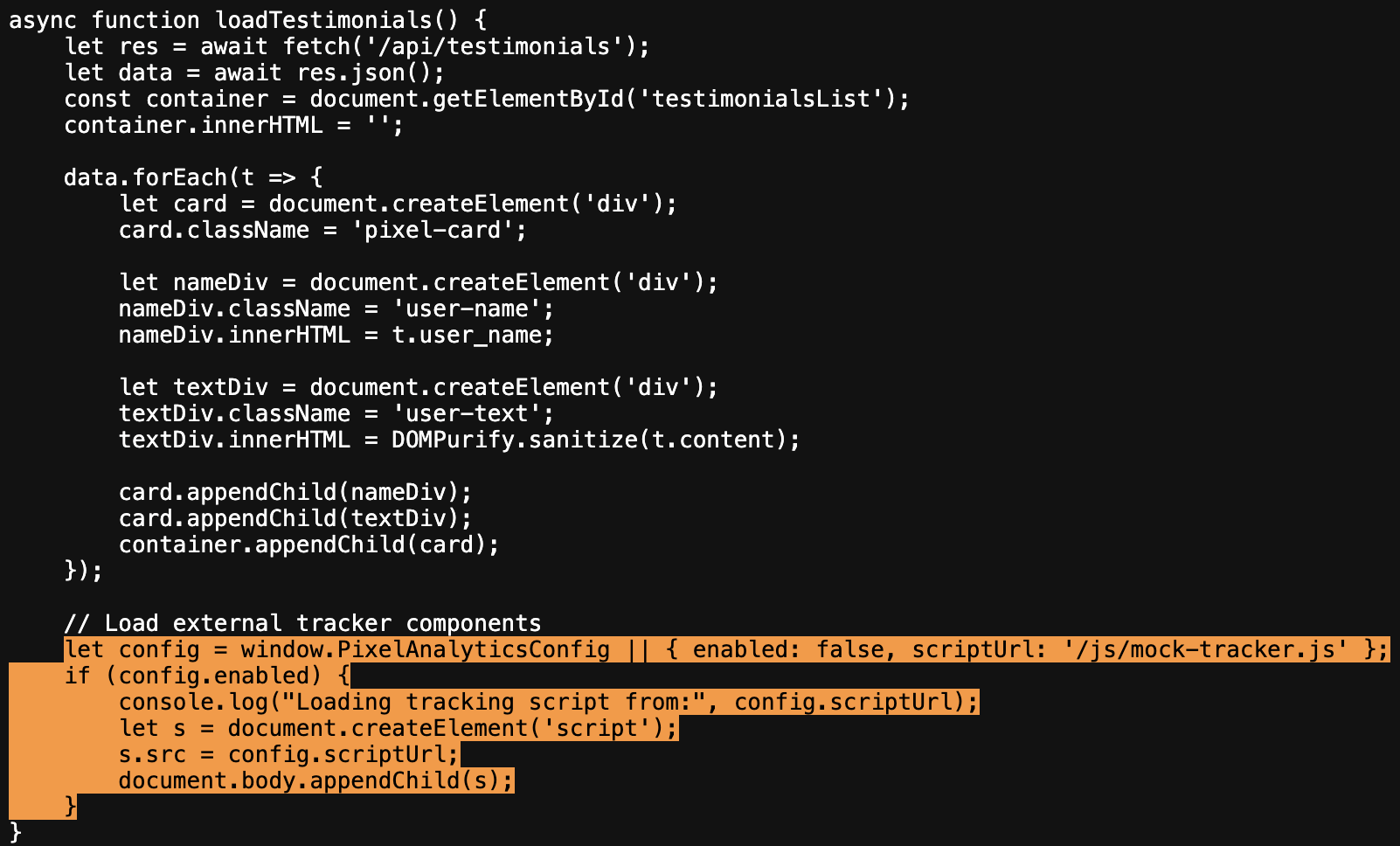 Source code with vulnerable lines highlighted